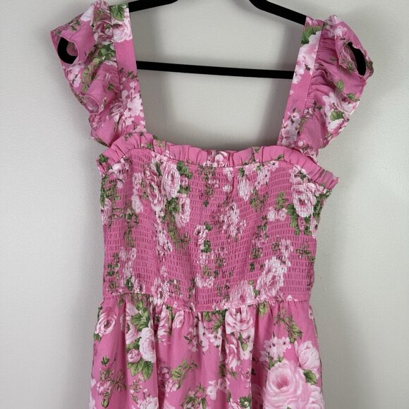 August Sky Women’s Smocked Midi Dress Pink Floral Tiered Ruffle Sleeveless L - Picture 3 of 10